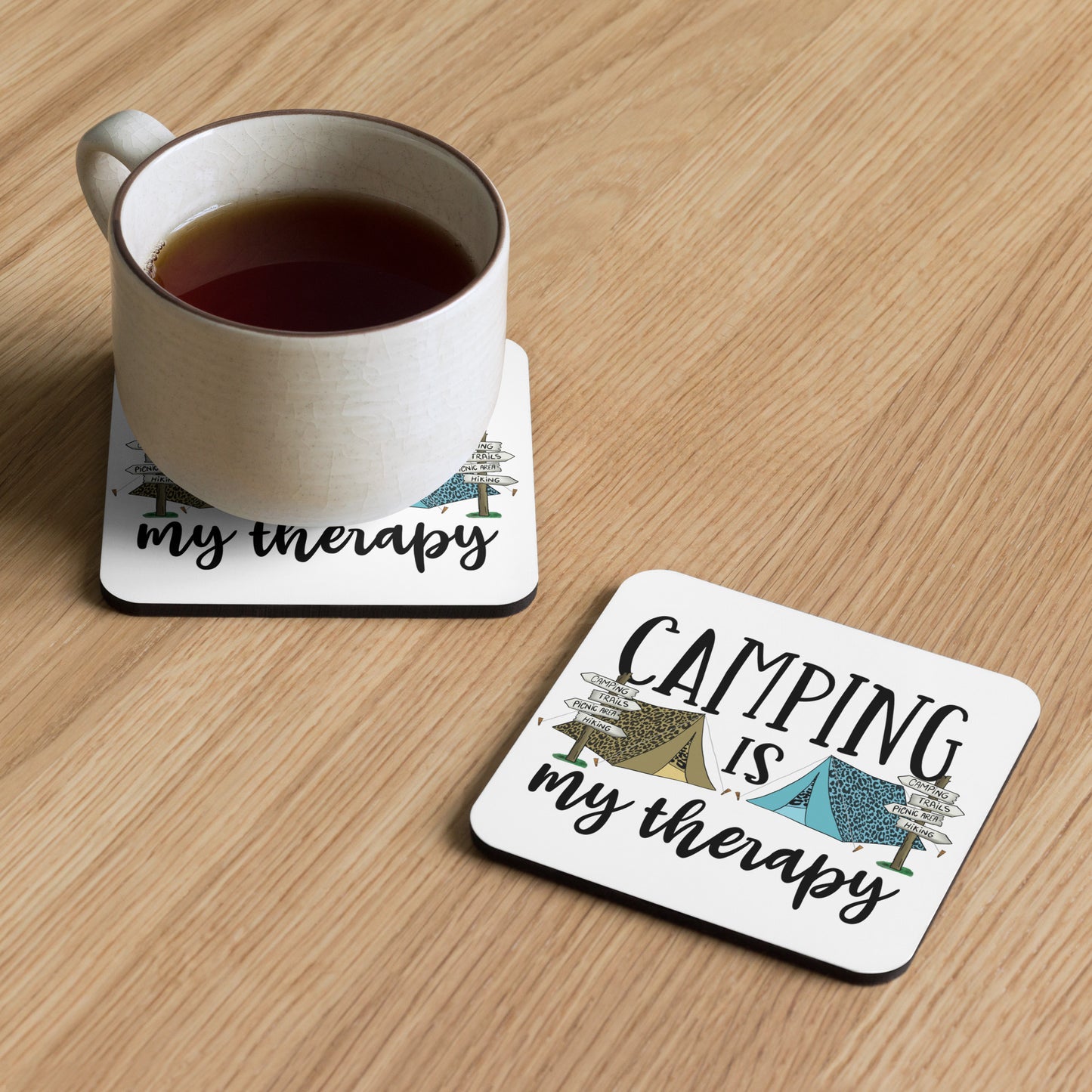 "Enhance Your Camping Experience with our Camping is My Therapy Cork Back Coaster"